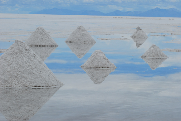 Uyuni salt flats and mounds of salt.