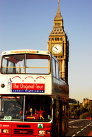 London bus escaping with Big Ben in the back.